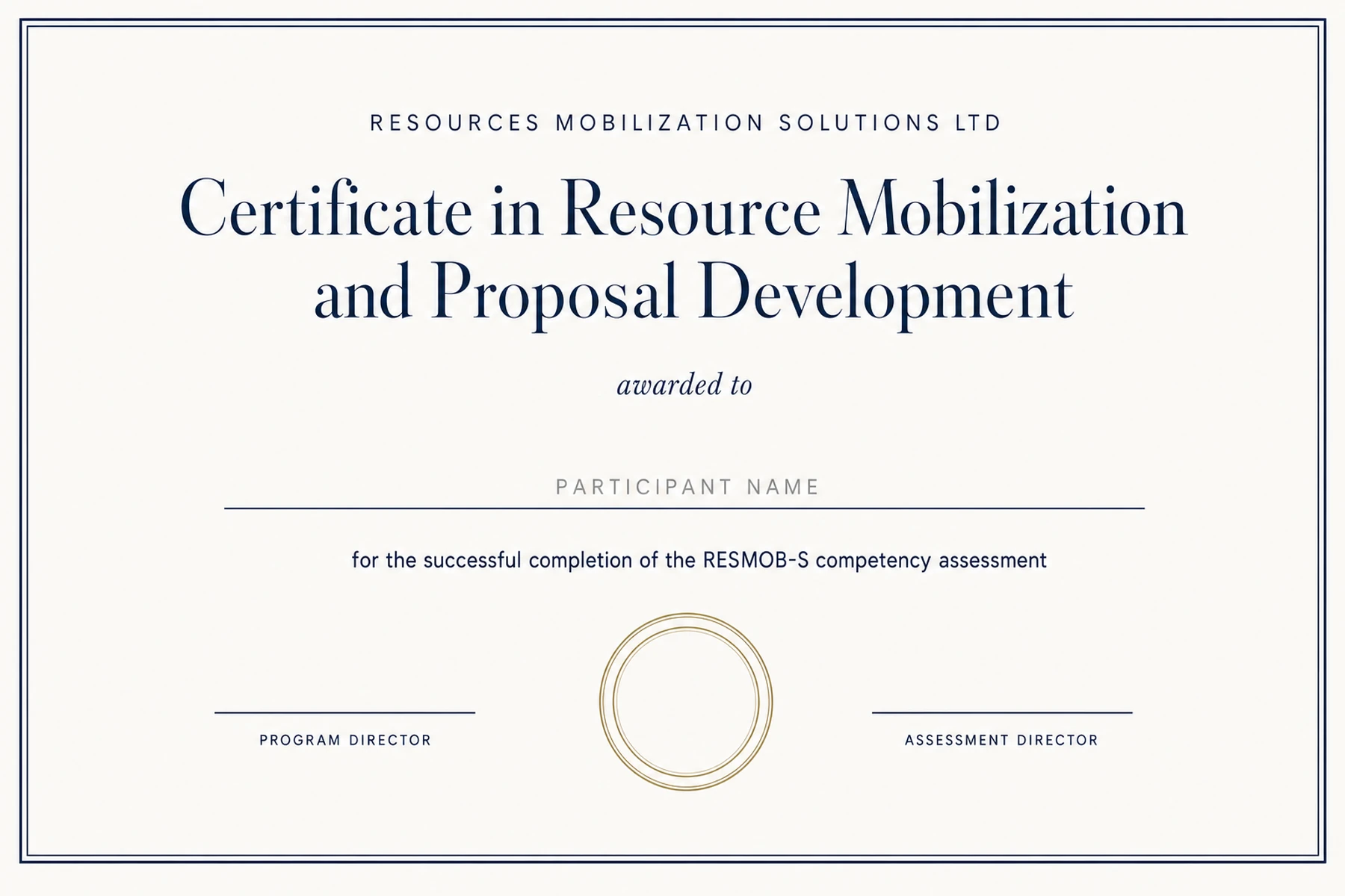 Specimen of the Resmob Solutions Certificate in Resource Mobilization and Proposal Development, shown unissued with a blank participant name